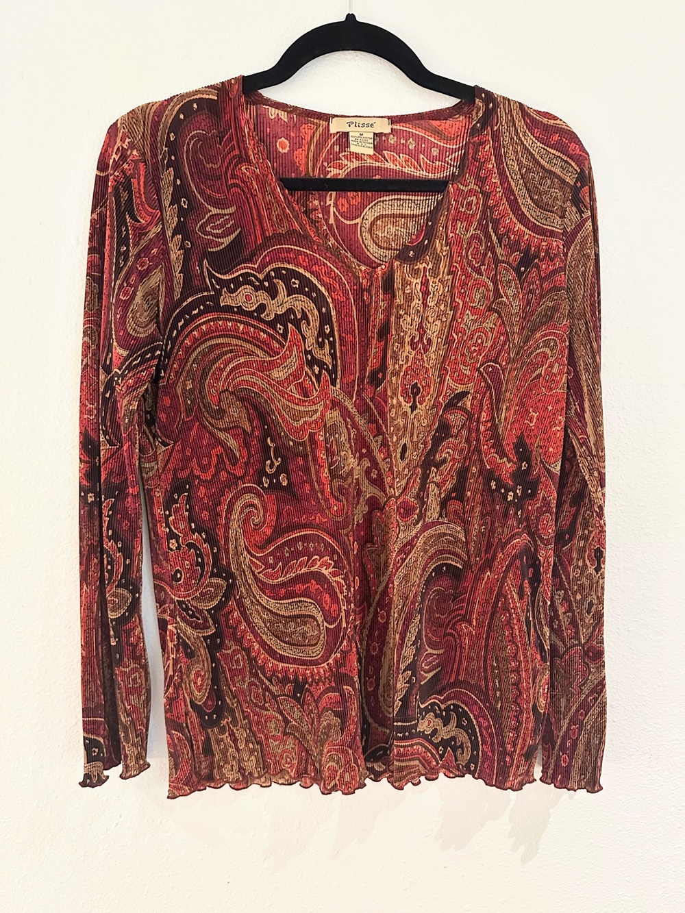 Vintage Women’s Red Paisley Long-Sleeve Top Pleaded Y2K size M Plissé boho-chic